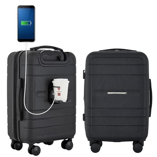 French Connection St. Martin Carry-On Luggage with Cup Holder/USB Ports, Black, 15.4 x 9 x 22 inches
