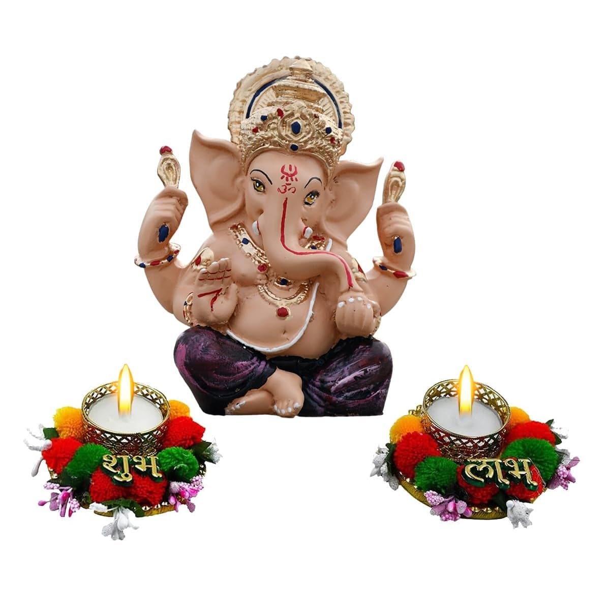 Saugat Traders Diwali Gift for Friends & Family - Ganesh Statue with Tealight Candle Holder with Shubh Labh for Diwali Decoration, Office Shop - Religious Gift