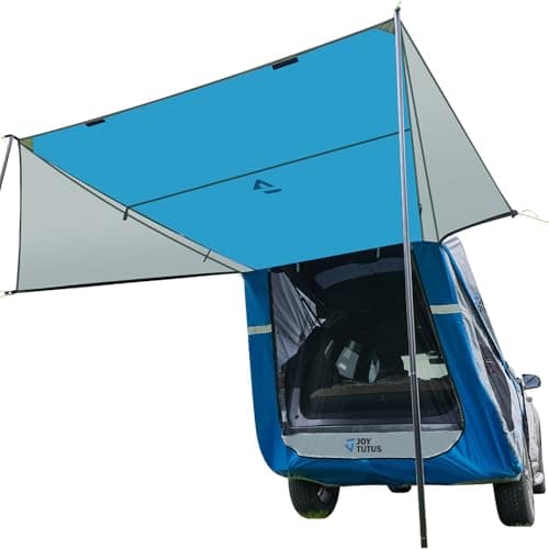 JOYTUTUS SUV Tailgate Tent with Three Sides Awning and Poles, Water Resistant SUV Camping Tent with Car Roof Cover, Car Camping Universal Fit Most SUVs, Cars, Grey Blue