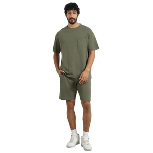 NOBERO Men Cotton Blend Solid Hudson Olive Oversized T-Shirt & Shorts Co Ord Set(1M-Lwcs-R0080-Og5_Olive Green_Xl)