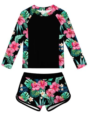 Idgreatim Teens Rash Guard Swimsuit Girls 2 Piece Long Sleeve Bathing Suit Size 13-14T Kid Padded Swin Suits Black Floral Swimming Suit