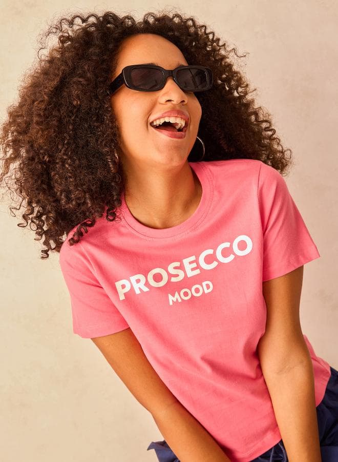 Pink Crew Neck Graphic T-Shirt - 100% Cotton
