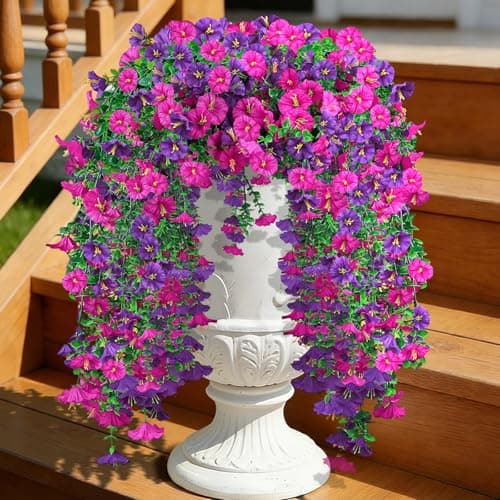 Artificial Hanging Flowers for Outdoor, 4Pcs UV Resistant Faux Morning Glory Flower Spring Summer Decroation, No Fade Fake Flower Trailing Vine for Porch Patio Balcony Yard Garden, Purple+Light Purple