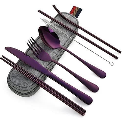 DEVICO Portable Utensils, Travel Camping Cutlery Set, 8-Piece including Knife Fork Spoon Chopsticks Cleaning Brush Straws Portable Case, Stainless Steel Flatware set (Purple)