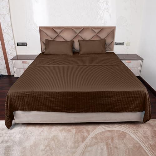 AVI 300 TC Satin Stripe Glace Cotton Flat Double Bedsheet with Two Pillow Cover for Home (Brown. 100x108 inch)