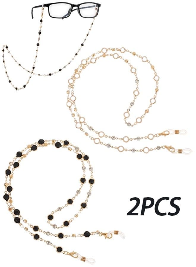 2 Pcs Gold Crystal Beaded Eyeglass Neck Holder Chains, Sunglasses Strap & Reading Glasses Lanyard, Fashion Eyewear Accessory for Women