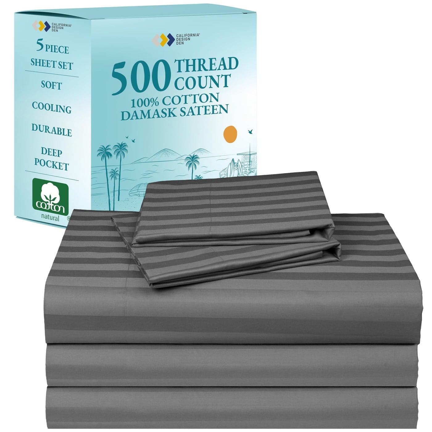 Luxury Split King Size Sheets For Adjustable Bed 100 Cotton 500 Thread Count Sateen Snug Fit Set With TwinXL Fitted Sheets Damask Stripe Sheet Sets Pillowcases Split King Stripe Grey