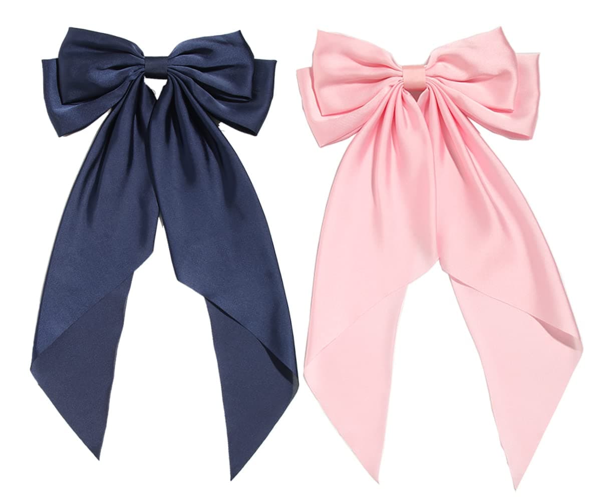 SUSULU Hair Bows for Women GirlsLarge Satin Bow Barrette Hair Clips Long Ribbon Bow Clips Suit for Thick Thin HairHair Accessories 90s 2pcs Back to School Birthday Gifts Navy Pink