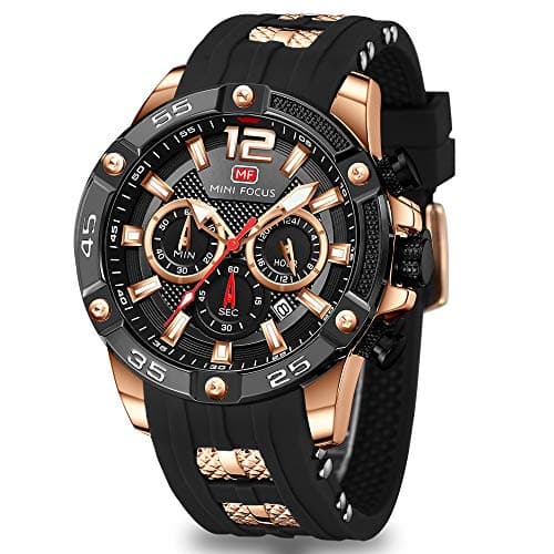 MF MINI FOCUS Men Watches Unique Casual Wrist Watches (Chronograph/Waterproof/Luminous/Calendar/25 Hours) Silicon Band Fashion Watches for Men (Black_Golden)