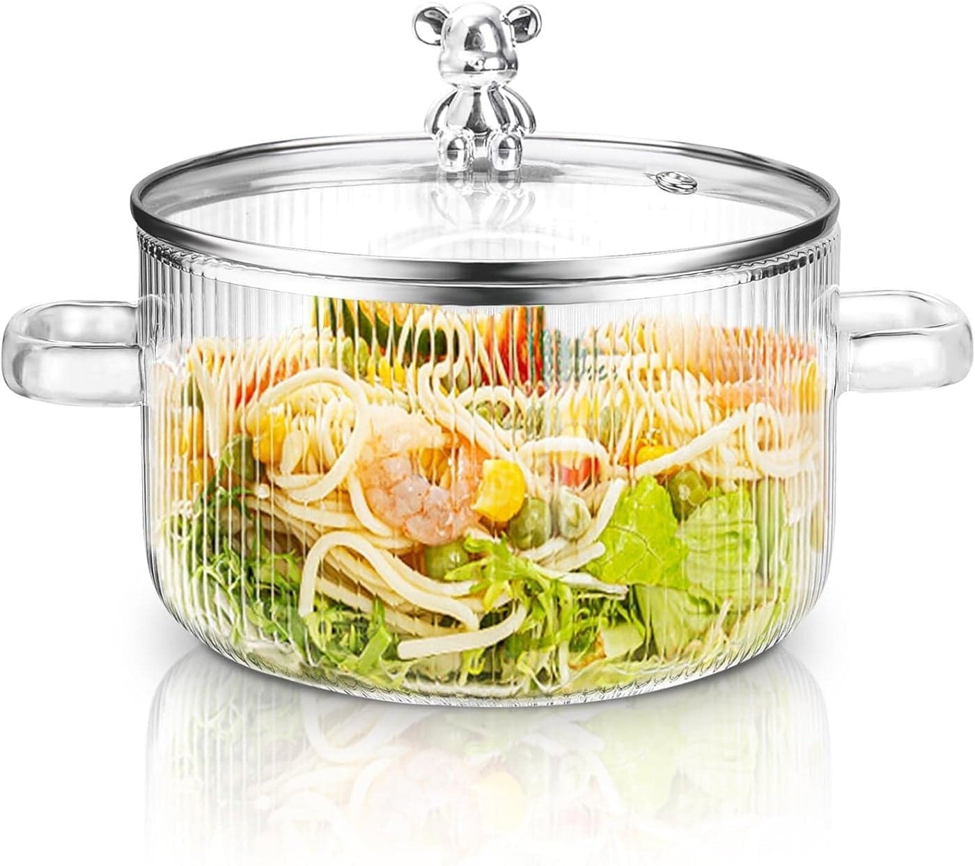 bellemax Teddy Big Size 1500 ML Glass Serving Bowl with Lid Cooking Pot Mixing Bowl with Lid Microwave Safe Heat Resistant Serveware Mixing Pot Casserole Serving Dish (1500ML - Lining, Set of 1)
