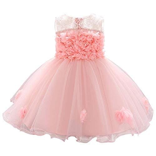 ODASDO Baby Flower Girl Dresses Infant Toddler Kids 1st 2nd Birthday Party Dress Lace Flower Embroidered Pageant Wedding Bridesmaid Evening Summer Sleeveless Princess Tutu Tulle Gown Light Pink 6-12M