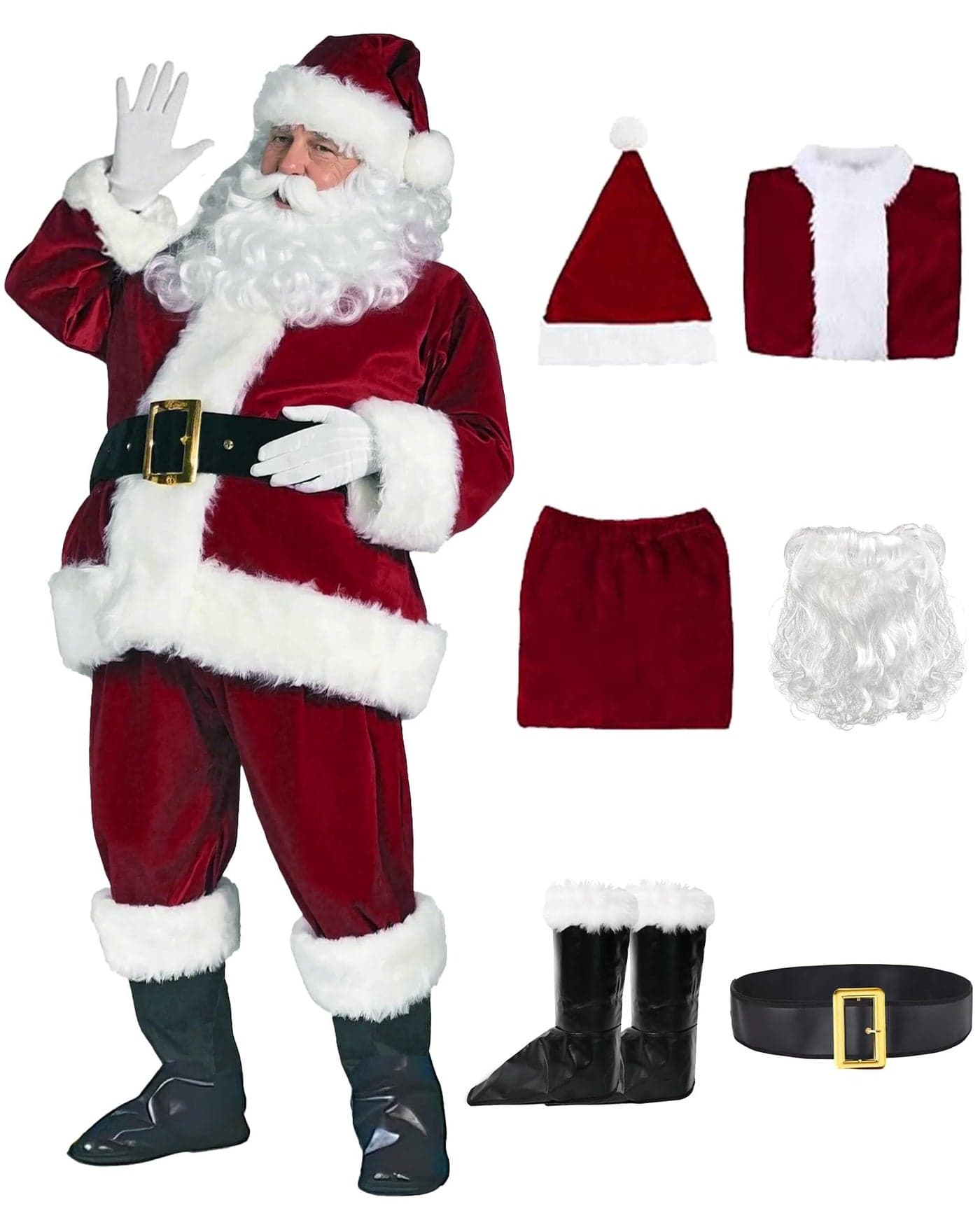 Fanme Santa Claus Costume for Men 6pcs Deluxe Velvet Santa Suit Adults Christmas Santa Outfit with Beard Belt Santa Costume (Wine red 6PCS, XL)