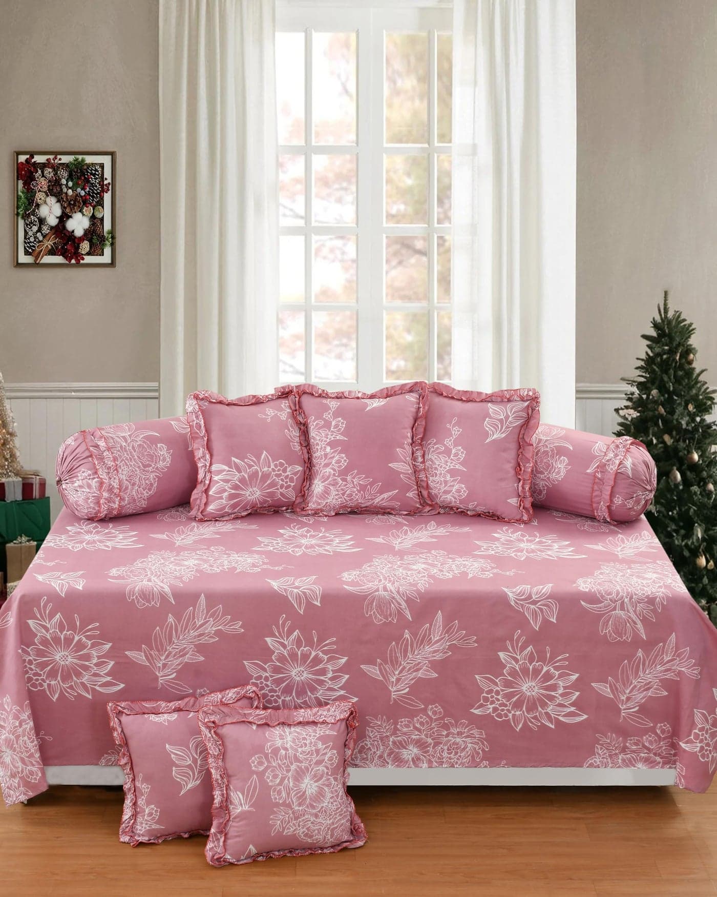 Sands® 180 TC Pure Cotton Floral Designer Frill Diwan Set of 8 Pieces for Living Room Dining Hall (1Single Bedsheet, 5 Frill Cushion Covers, 2 Frill Bolster - Set of 8)