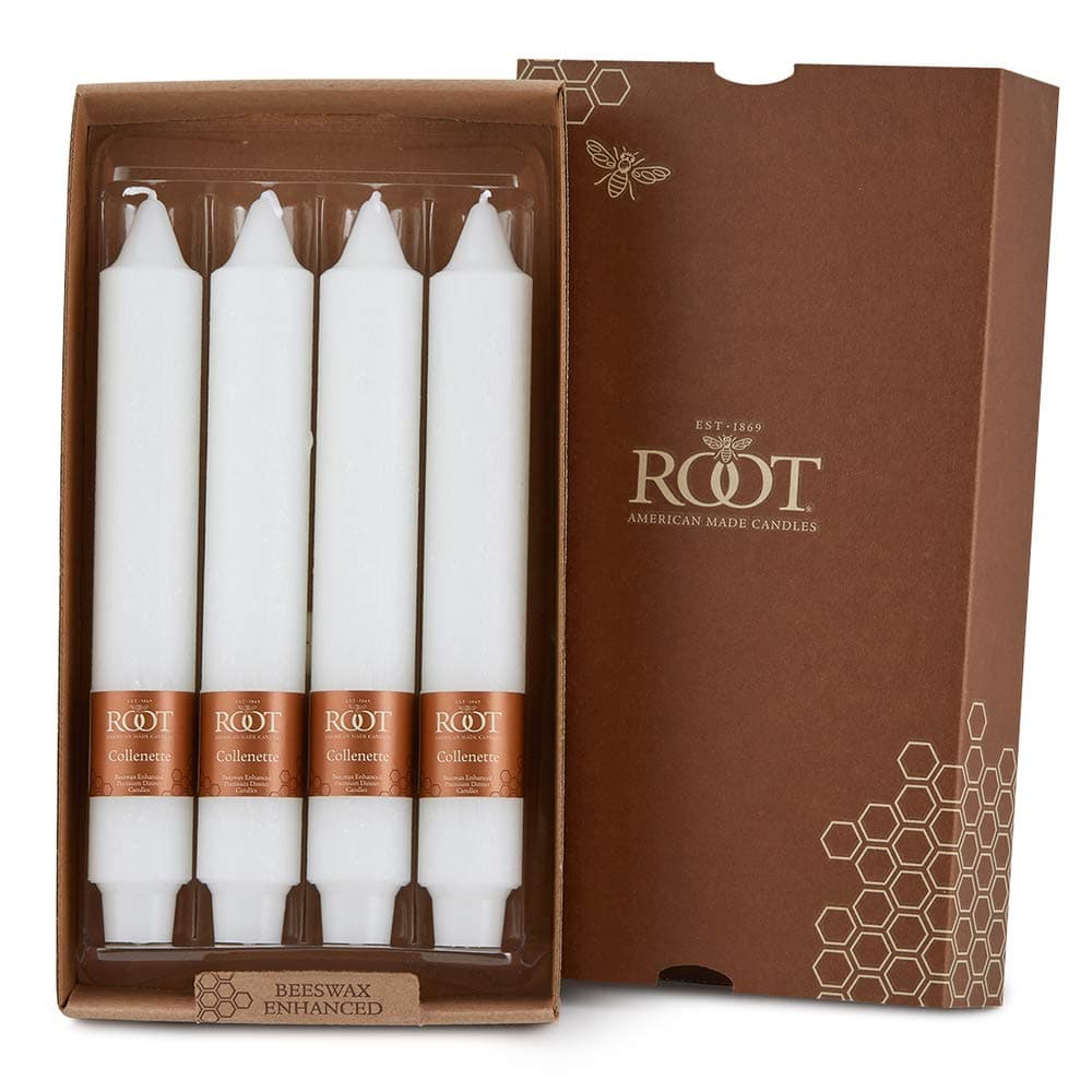 Root Candles 4Count Unscented Dinner Candles Dripless Beeswax Enhanced Timberline Collenette Boxed Candle Set 9Inch White