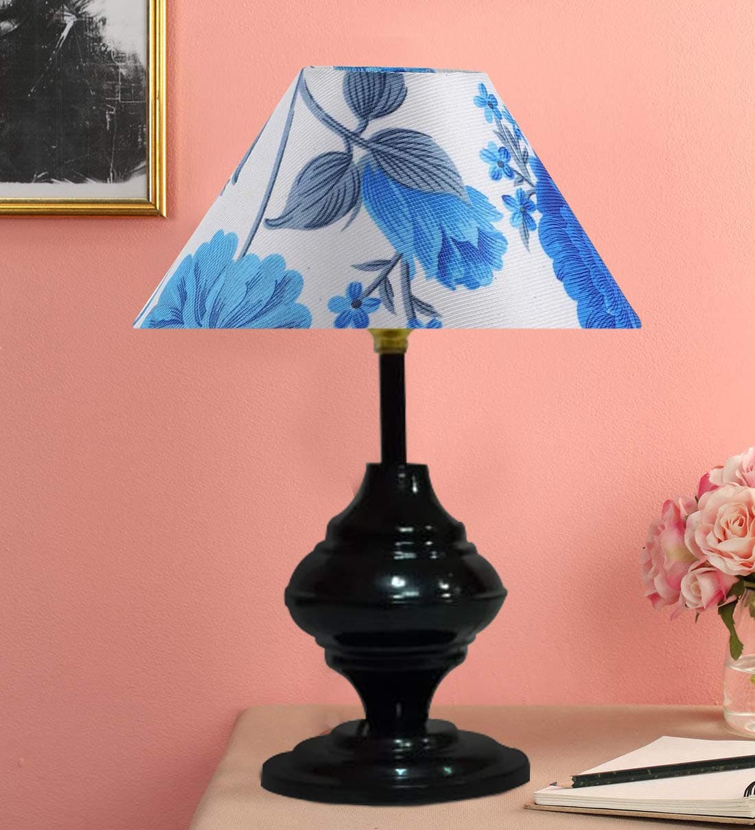 Improvhome Single Gola Metal Base Bedside Bedroom Table Lamp Light ( Blue Flower , Black )