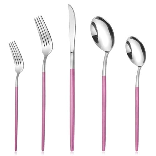 20-Piece Silverware Set With Pink Handle,LAZAHOME Stainless Steel Cutlery Set Service for 4,Kitchen Utensils Set Included Knife Spoon and Fork Set- Mirror Polished & Dishwasher Safe