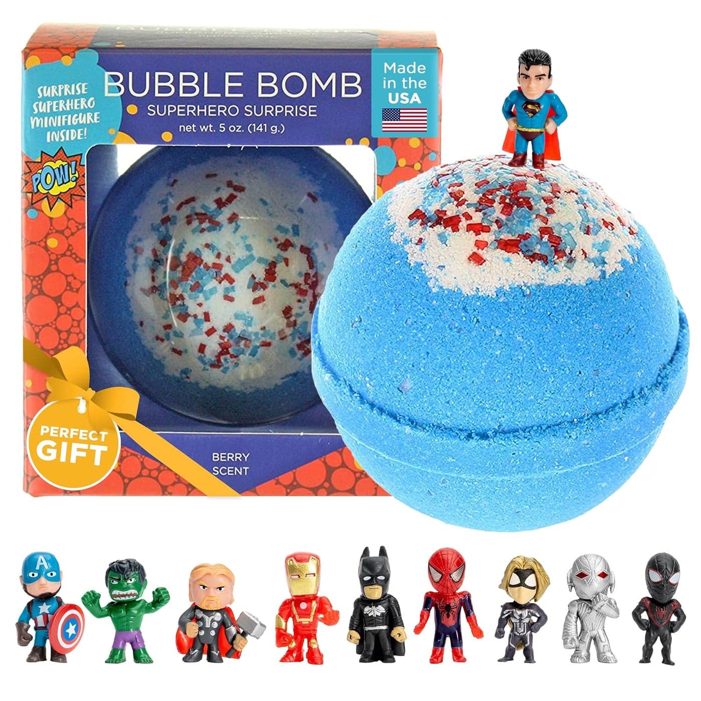 Superhero Bath Bombs for Kids Boys with Surprise Hero Toys Inside 1 Pack Large Bubble Bomb with Fruity Scent Relaxing Aroma USA Made Children Gifts Easter Basket Stuffers by Two Sisters