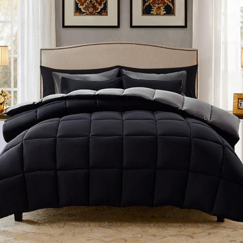 Decroom Lightweight Full Comforter Set with 2 Pillow Sham - 3 Pieces Set - Quilted Down Alternative Comforter/Duvet Insert for All Season - Black/Grey - Full Size