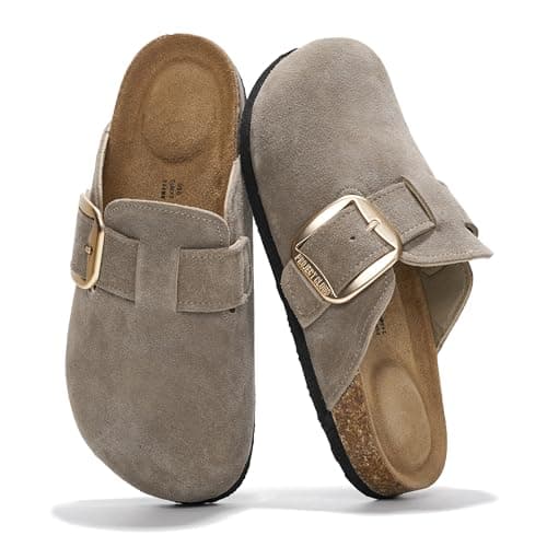 Project Cloud Genuine Leather Clogs for Women Shoes - Memory Foam Insole, Non-Slip & Natural Cork Footbed Arch Support Big Buckle Womens Clogs and Mules for Women Footwear(Manchester, TAUP, 9)
