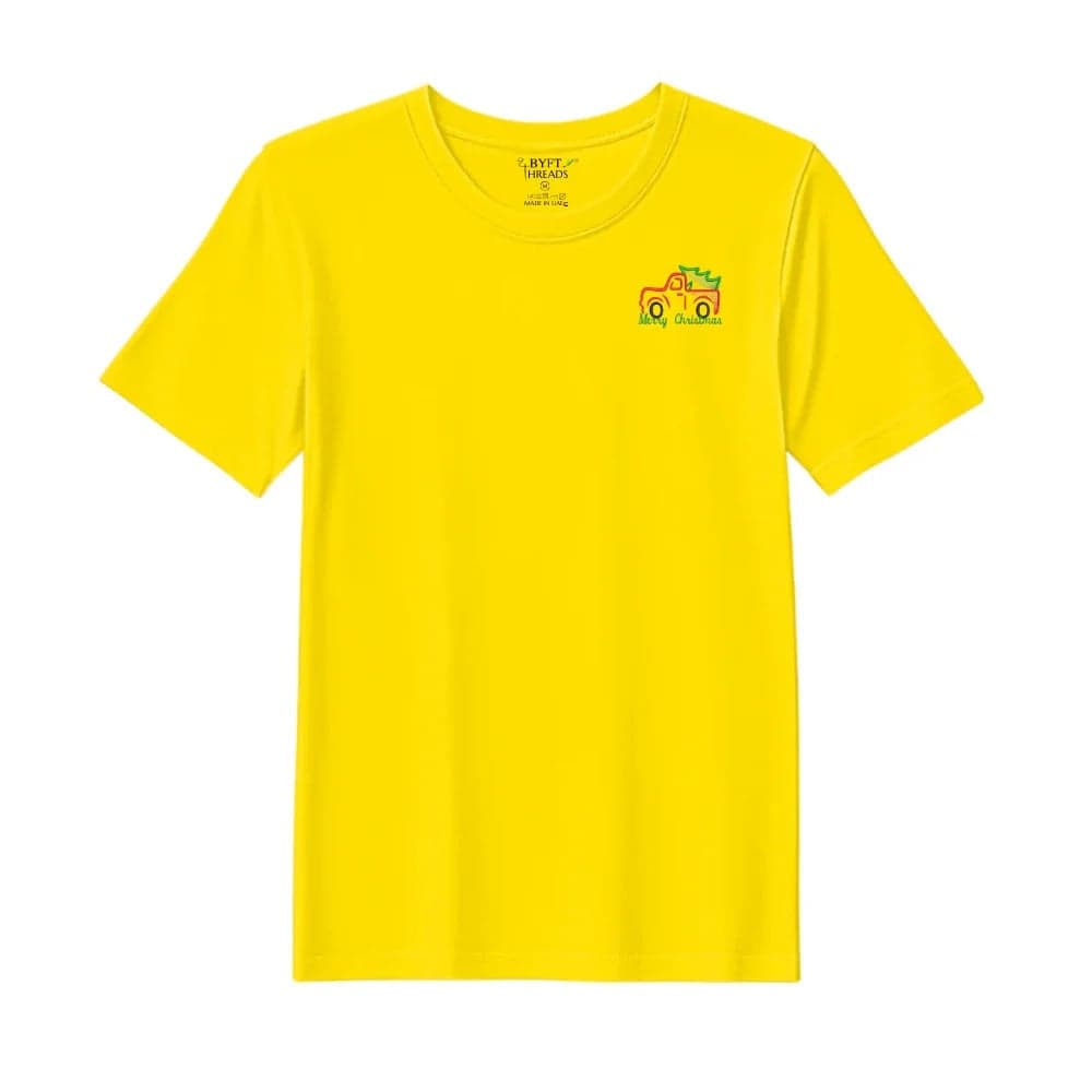 Threads XL Yellow Polycotton T-Shirt - Christmas "Vintage Christmas Truck with Tree" Embroidered Design, Premium Holiday Collection