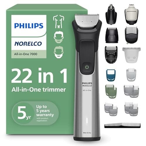 Norelco Philips AllinOne 7000 Series 22Piece Trimmer Electric Shaver and Clipper for Face Beard Head Body SelfSharpening Full Metal Blades 28 Length Settings 0516 mm MG797549