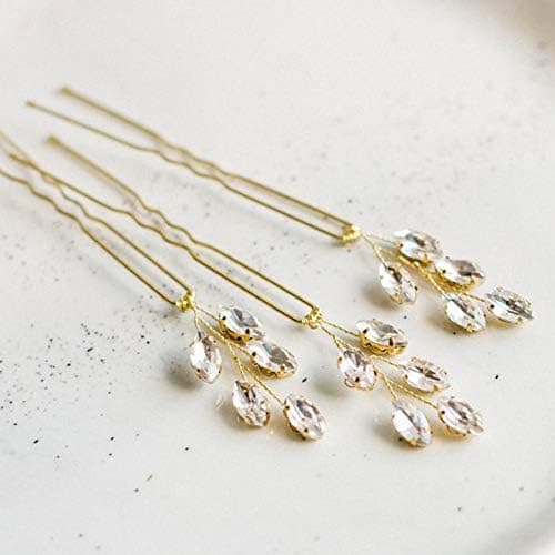 Kercisbeauty Handmade Wedding Crystal Simple Hair Pins for Bride Bridal Hair Dress Prom Ball Party Women Accessory 3pcs Gold