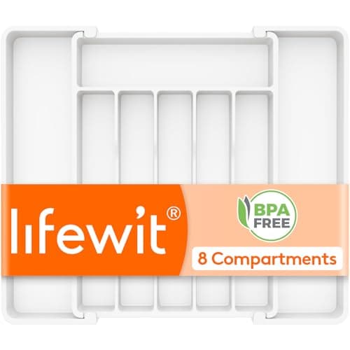 Lifewit Silverware Drawer Organizer, Expandable Utensil Tray for Kitchen, BPA Free Flatware and Cutlery Holder, Adjustable Plastic Storage for Spoons Forks Knives, 10.9"-17.5" x 13.7", White