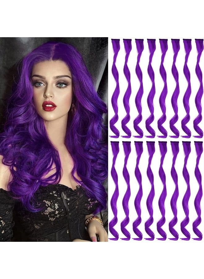 16 Pcs Colored Hair Extensions Curly Wavy Clip in Synthetic Hairpiece Streak for Girls Women Kid, Multi-colors Party Highlights (Purple)