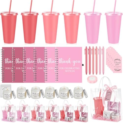 Nuogo 6 Sets New Parent Shower Prizes for Player Winners Adults Include Plastic Tumbler Notebook Scented Candles Ballpoint Pen Gift Bag, Party Player Winner Gifts (Gradient Pink,Classic Style)
