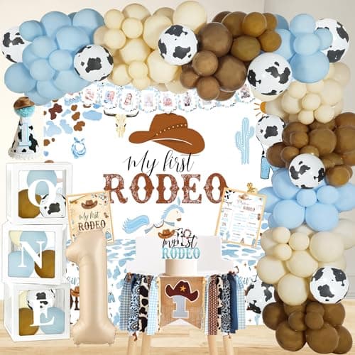 YJDFWAUT Cowboy 1st Birthday Party Decorations My First Rodeo Party Supplies Cowboy 1st Bday Balloon Arch Balloon Box Photo Banner Highchair Banner Crown