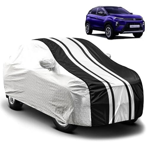 FABTEC Car Body Cover for Tata Nexon New Waterproof UV & Rain Protection Metallic Silver with Black Stripes Car Cover with Mirror Pocket Bottom Elastic Full Size Car Cover