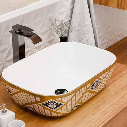 Inart Wash Basin – Table Top Basin, Counter Top Wash Basin for Bathroom, Modern Ceramic Tabletop Sink Washbasin Design for Living Room, Dining Hall, Washrooms – 45 X 32 X 13.5 cm, Gold