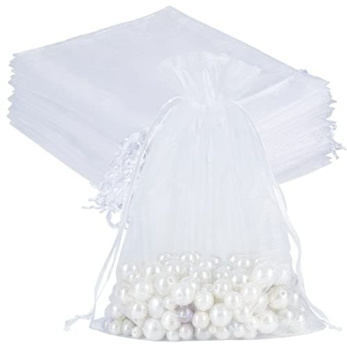 HRX Package 100pcs Sheer Organza Bags White, 6 x 9 inches Christmas Wedding Shower Party Favors Gift Drawstring Bags Large Mesh Jewelry Pouches