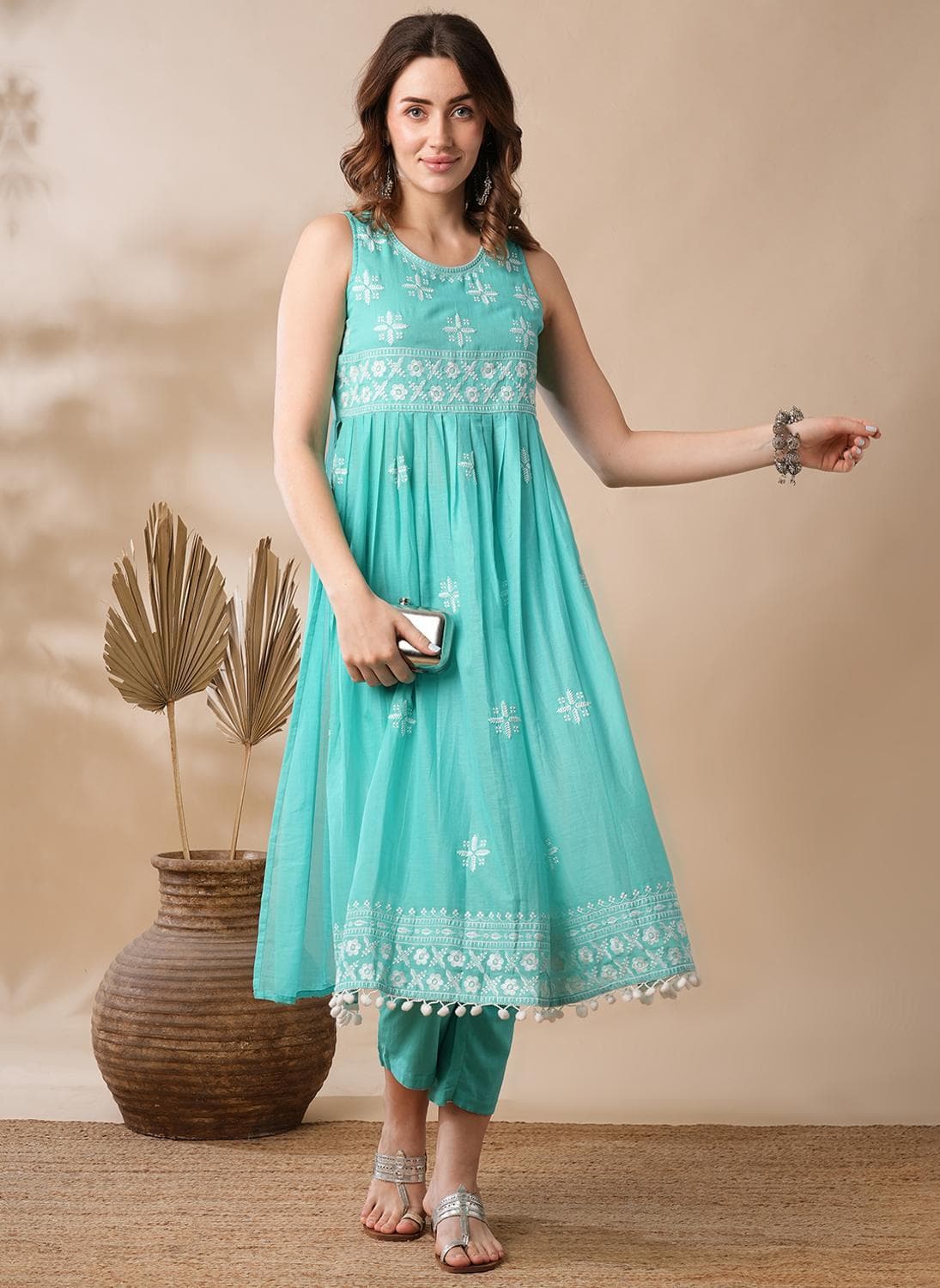 Globus Women's Blue Kurta Set with Thread Work Detail Pom Pom and Pleated Design