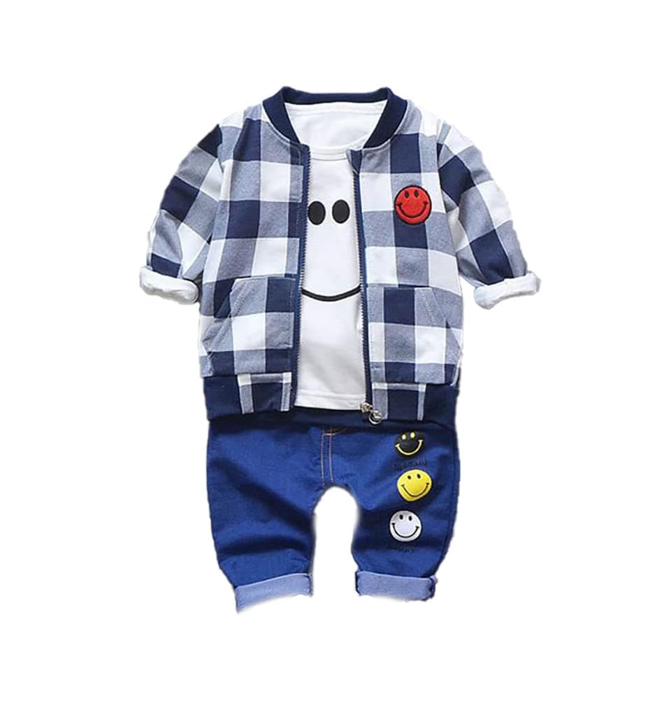 Bold N Elegant Kids Plaid Checkered Happy Face Print T-Shirt With Jacket & Pants 3 Piece Winter Clothing Set For Infant Toddler Baby Boy Girl (1-2 Years, White - Blue) (Cotton Blend)