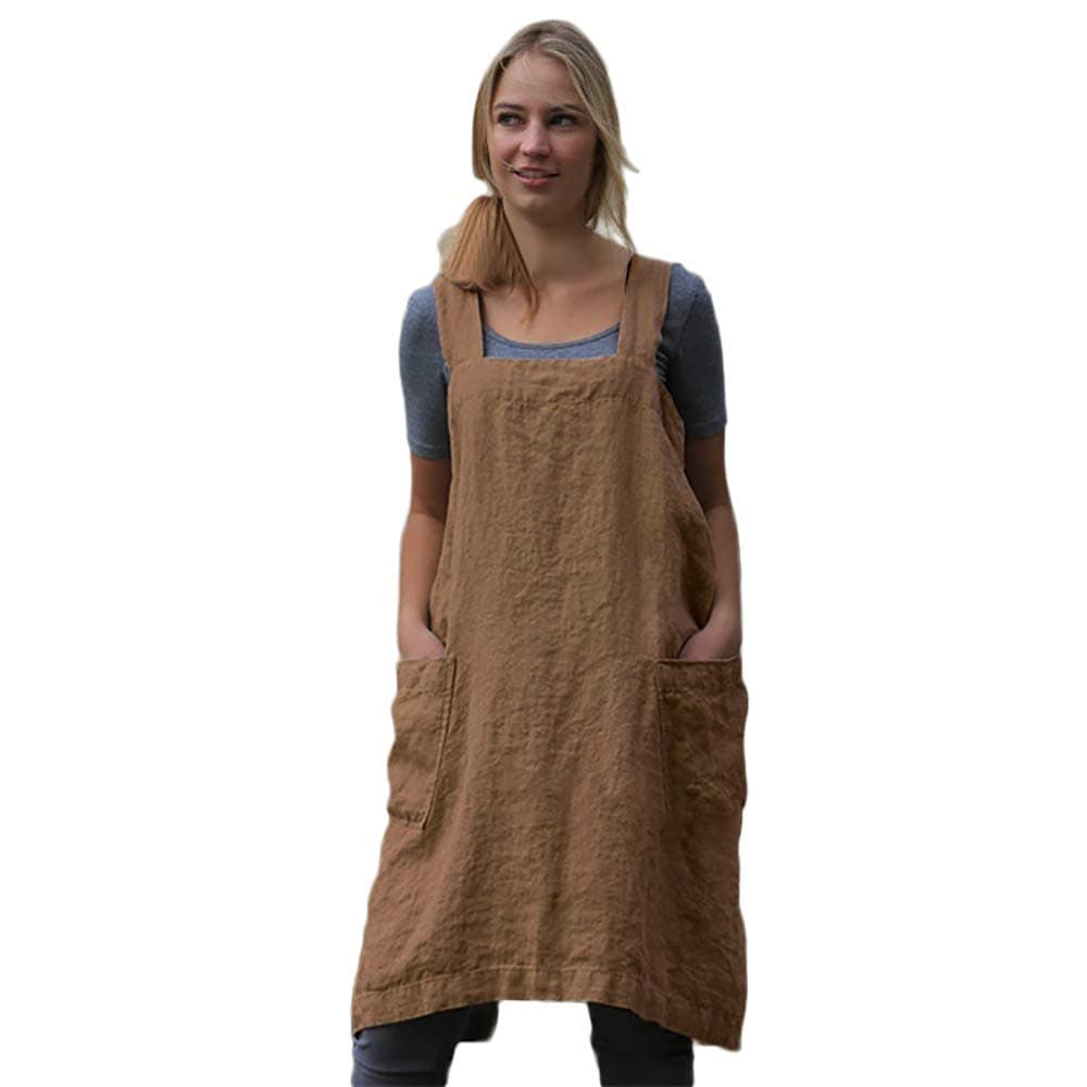 Larmliss Womens Pinafore Square Apron Baking Cooking Gardening Works Cross Back CottonLinen Blend Dress with 2 Pockets