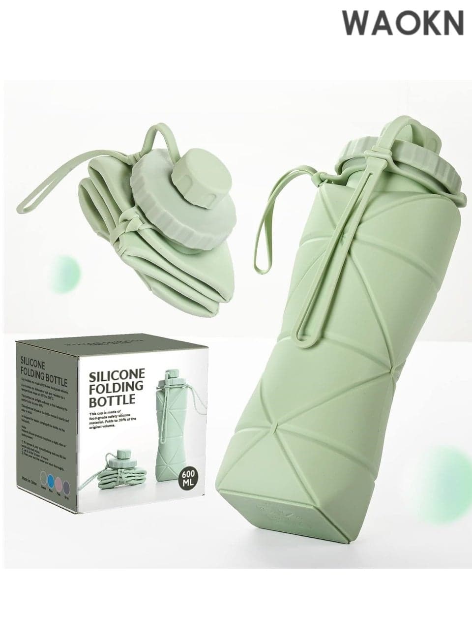 Collapsible Water Bottle with Leak-Proof Valve - BPA-Free Food Grade Silicone Reusable Foldable Water Container - Lightweight & Portable for Running, Hiking, Cycling, Gym, Travel - 20 oz (600ml) Compact Design (Green)
