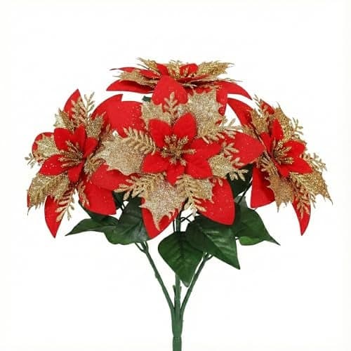 CURATED CART Artificial Red Poinsettia Flowers for Christmas - 1 Stem with 5 Heads (5 Flowers Total) - Flannel Fabric, Realistic Xmas Decor for Tree, Table Centerpieces, Wreaths, Holiday Decorations