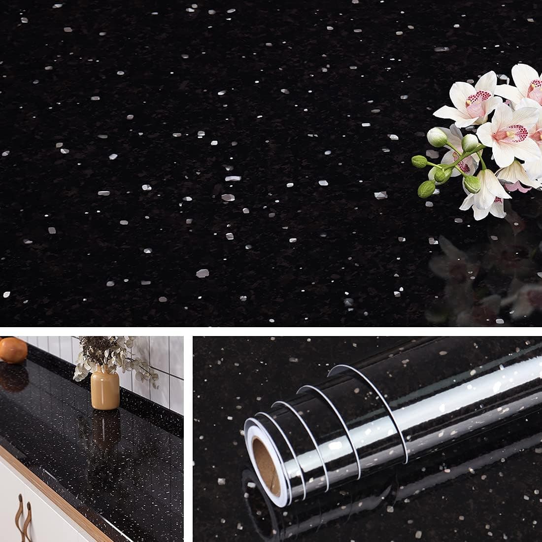 Livelynine 158x197 Black Contact Paper Peel and Stick Countertops Granite Countertop Contact Paper Waterproof Kitchen Counter Top Vinyl Wrap Self Adhesive Wallpaper for Bathroom Laminate Desk Cover