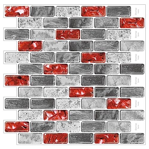 WalDecoo Marble Peel and Stick Backsplash for Kitchen, 10-Sheet Stick on Backsplash for Bathroom, Large Self-Adhesive Kitchen Backsplash, Red Marble Look Decorative Tiles(12"×12")