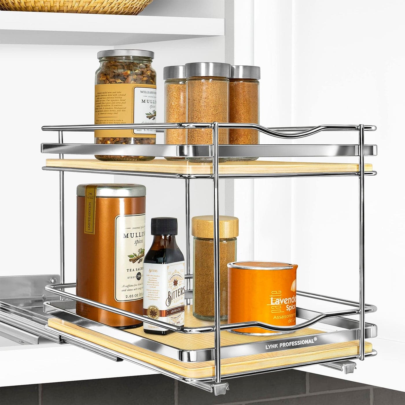LYNK PROFESSIONAL lite Pull Out Spice Rack Organizer for Inside Kitchen Cabinets 814 inch Wide Slide Out Drawer WoodChrome Sliding Spice Cabinet Organization Shelf Racks 2 Tier
