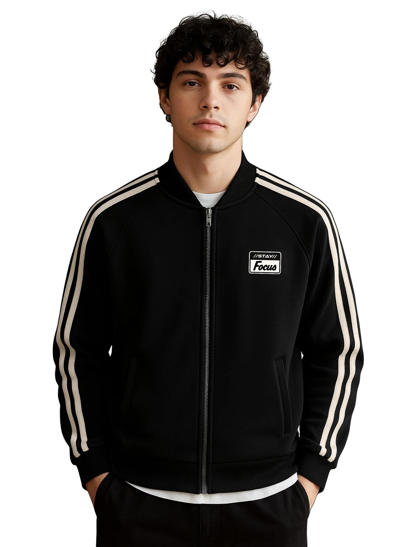 Jump Cuts Mens Color Block Sleeve Tape High Neck Full Sleeve Black and White Fleece Jacket