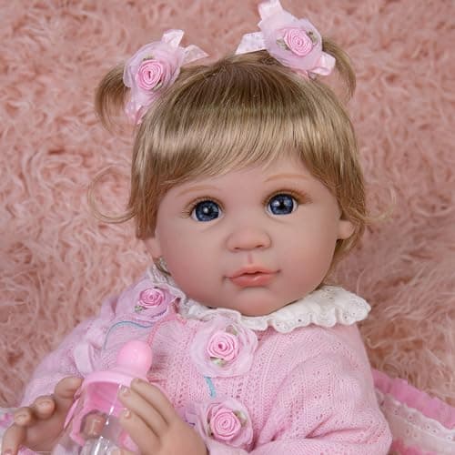 EKOKIZ Realistic Baby Doll 22Inch Newborn Baby Doll Soft Cloth Body Lifelike Reborn Baby Dolls Cute Girls with Clothes and Toy Accessories Set for Kids 3