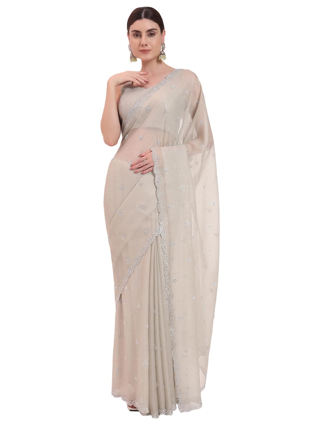 FIORRA Women's Light Grey Organza Crushed Siroski Work Embellished Border Saree With Unstitched Blouse