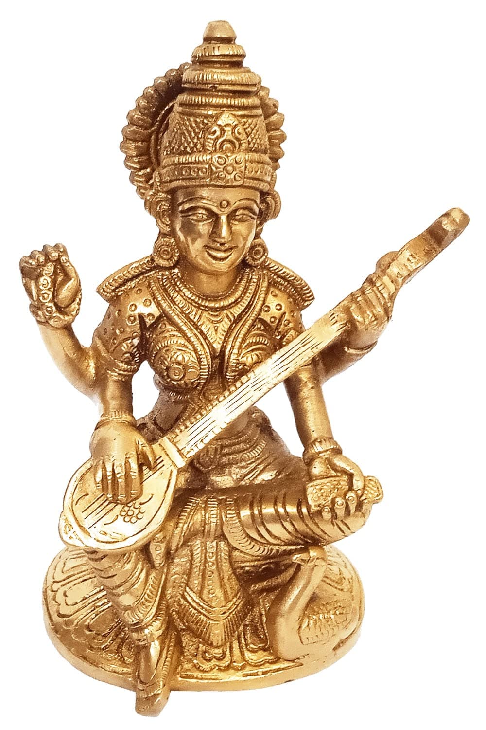 Purpledip Brass Statue Saraswati Saraswathi Hindu Goddess of Knowledge Saraswati Idol Music Art Decor Gift 11237