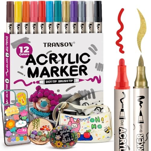TRANSON 12 Colors Bold and Brush Dualtip Acrylic Paint Marker Pen Set for Canvas Rock Wood Leather Ceramic DIY Painting