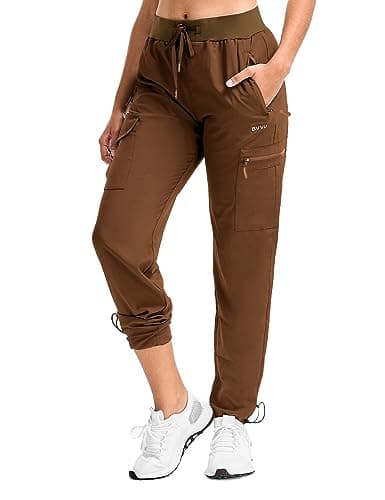 BVVU Women's Hiking Pants Lightweight Quick Dry Travel Outdoor Pants Waterproof Work Cargo Joggers with Zipper Pockets Brown