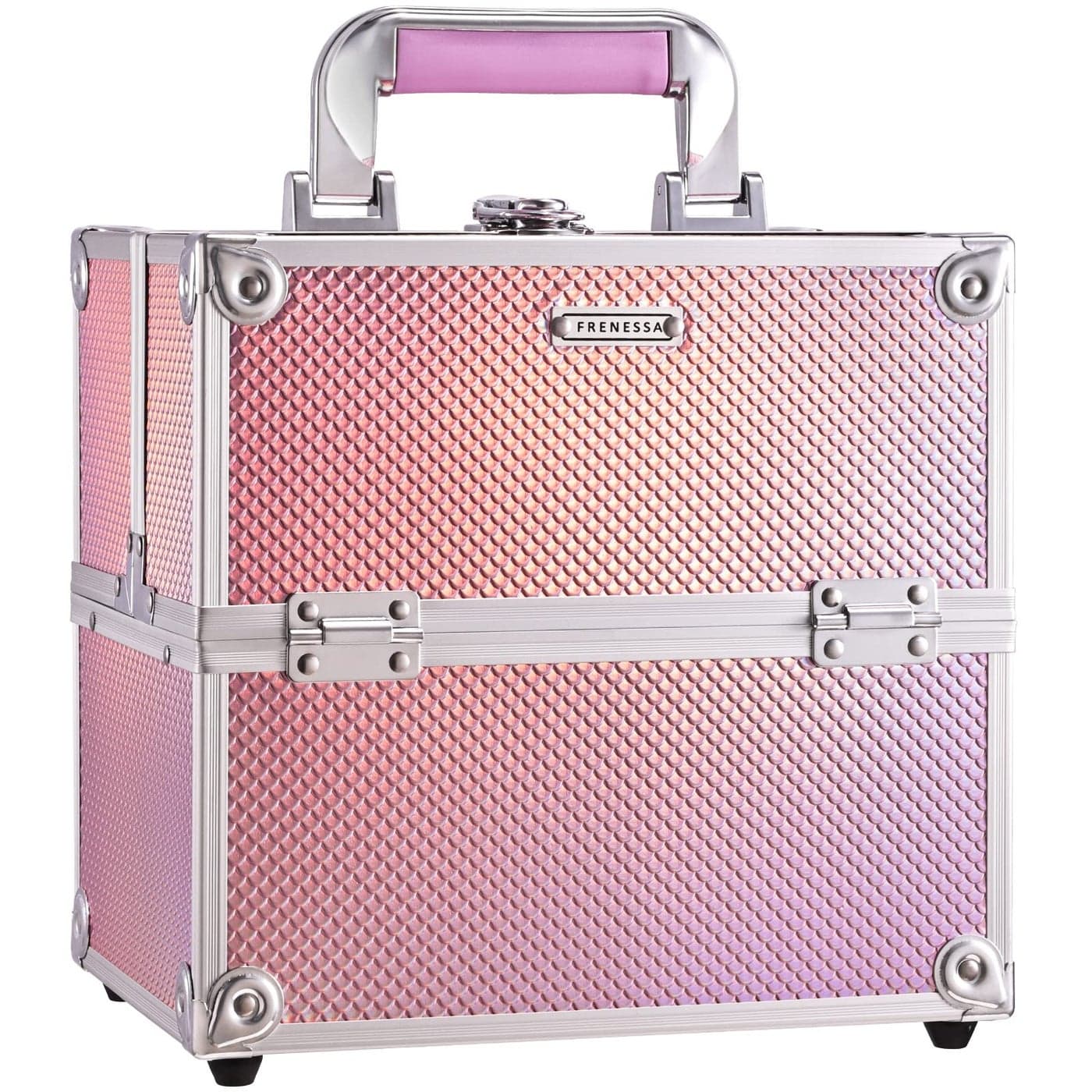 Frenessa Makeup Train Case Cosmetic Organizer Case Portable Travel Storage Box 4 trays with Dividers Lockable Make Up Case for Makeup Artist, Nail Tech, Crafter Makeup Tools Makeup Toiletry Case