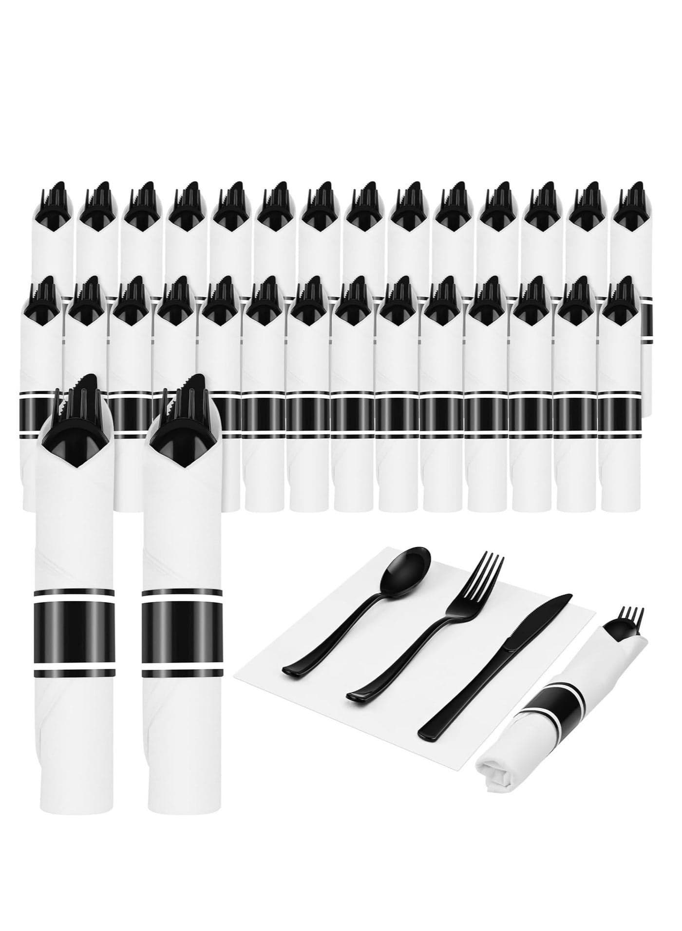 Pre Rolled Disposable Utensils kit, Black Heavy Duty Cutlery Set Disposable Plastic Flatware, Includ Forks, Knives, Spoons and Napkin - for Parties, Weddings, Dinners & Other Events,30 Pack