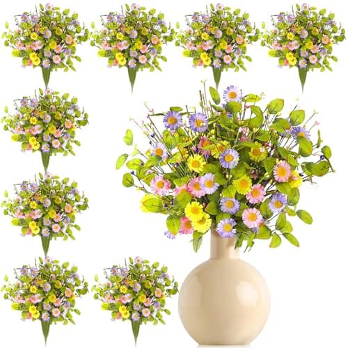 Thiccywoov 12 Bundles Wildflowers Artificial Flowers Outdoor Spring Fake Plastic Daisy Flowers Bouquets Fake Plants Vase Floral Arrangements Table Centerpiece for Wedding Home DecorElegant Daisy